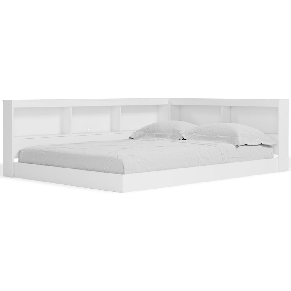 This full bookcase storage bed is an inspired find, beautifully blending contemporary and casual style. Its two-tone look in matte white and a replicated sugarberry wood grain pattern keeps things simple, while the bookshelf storage creates added function