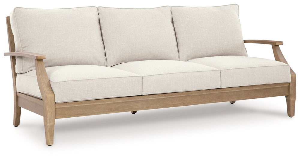 This outdoor sofa effortlessly pairs natural beauty with must-have durability. Its eucalyptus wood frame withstands the elements while making a high-style impression. And you can relax on the porch or poolside without the stress of added upkeepâ€”this sof