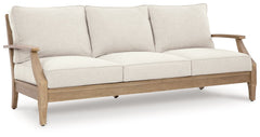 This outdoor sofa effortlessly pairs natural beauty with must-have durability. Its eucalyptus wood frame withstands the elements while making a high-style impression. And you can relax on the porch or poolside without the stress of added upkeepâ€”this sof