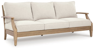 This outdoor sofa effortlessly pairs natural beauty with must-have durability. Its eucalyptus wood frame withstands the elements while making a high-style impression. And you can relax on the porch or poolside without the stress of added upkeepâ€”this sof