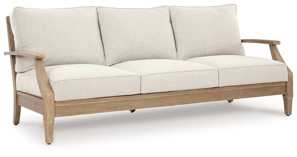 This outdoor sofa effortlessly pairs natural beauty with must-have durability. Its eucalyptus wood frame withstands the elements while making a high-style impression. And you can relax on the porch or poolside without the stress of added upkeepâ€”this sof