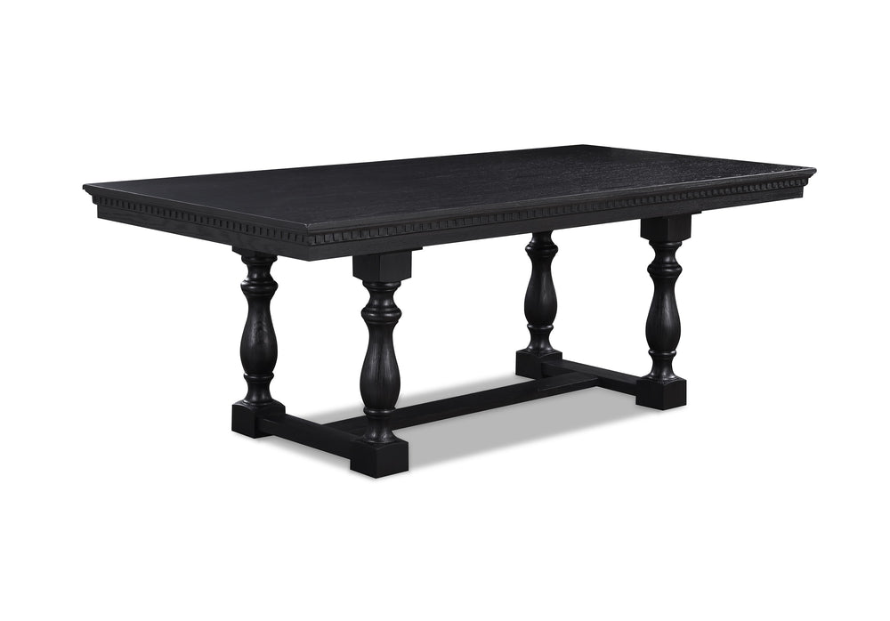 Make a bold statement in your dining space with this stunning and elegantly crafted dining group. Featuring a richly finished table with intricately carved turned legs and a sophisticated trestle base, this set exudes timeless charm and durability. The up