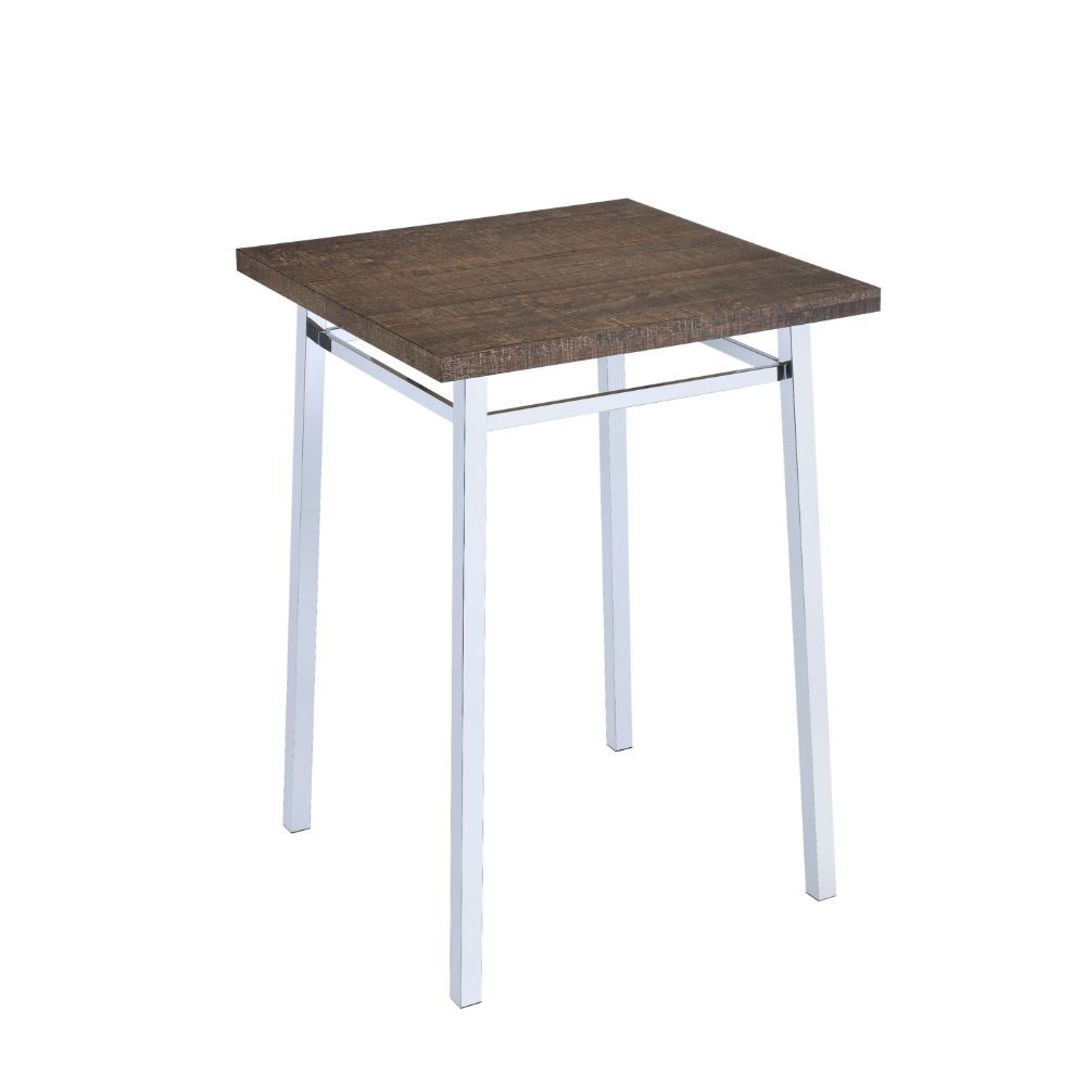 The Nadie Bar height table set is a contemporary design with a stylish chrome base with beautiful oak medium brown toned top, which complement each other well. Add the bent acrylic seat chairs with chrome base. It would make this dining set a complete mod