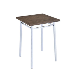 The Nadie Bar height table set is a contemporary design with a stylish chrome base with beautiful oak medium brown toned top, which complement each other well. Add the bent acrylic seat chairs with chrome base. It would make this dining set a complete mod