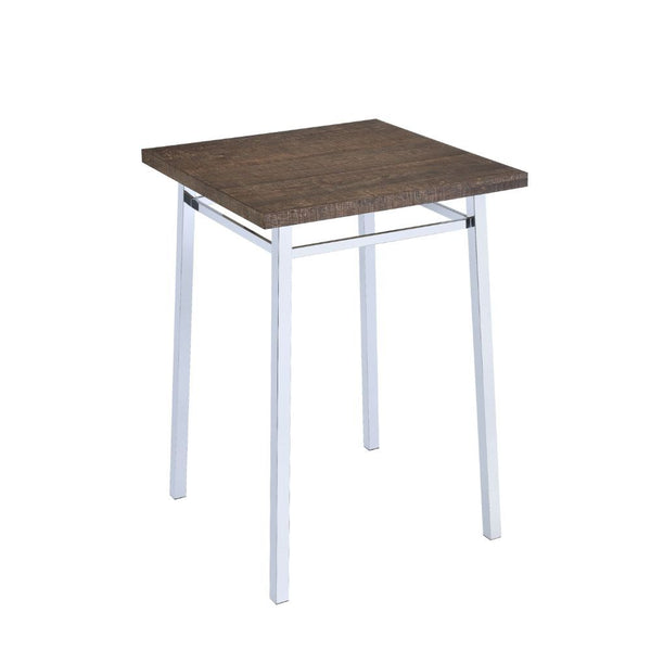 The Nadie Bar height table set is a contemporary design with a stylish chrome base with beautiful oak medium brown toned top, which complement each other well. Add the bent acrylic seat chairs with chrome base. It would make this dining set a complete mod