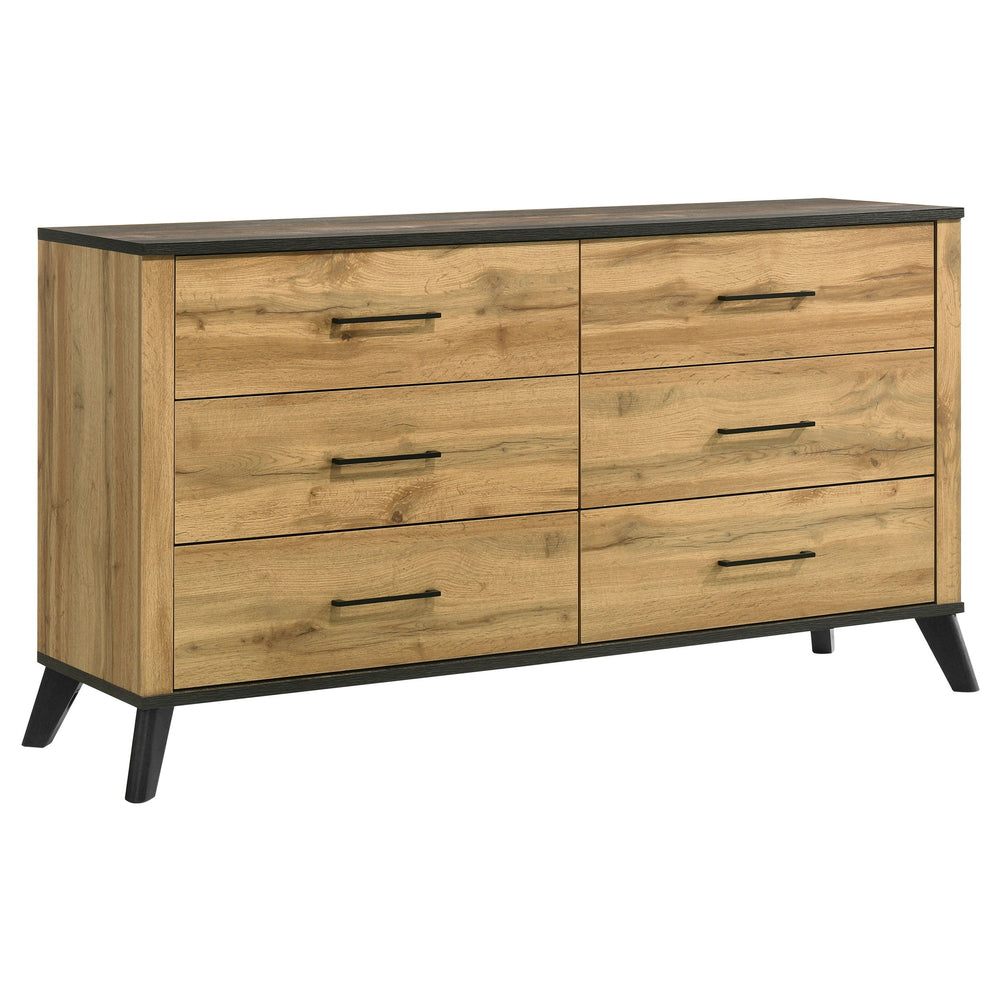 Add a touch of elegance to your bedroom with this spacious dresser, combining mid-century modern design with a rustic wood grain effect. The weathered brown and natural pine finish is beautifully complemented by matte black finished metal pull handles. Cr
