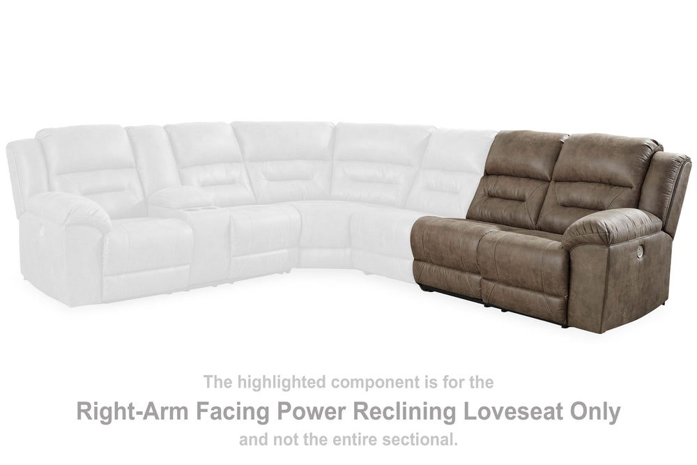 This right-arm facing power reclining loveseat is made with faux leather upholstery. Pairs with other items in the series to make a sectional.<br><br><b>Additional Dimensions</b><br><ul><li>Arm height: 27-"</li><li>Seat depth: 22-"</li><li>Seat height: 20