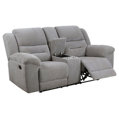 Enhance your living space with the ultimate comfort of our manual reclining loveseat, designed for a relaxed and laid-back approach to seating. This loveseat features soft textured grey chenille fabric, providing a plush and inviting feel. The manual recl