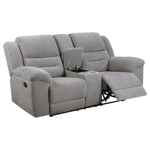 Enhance your living space with the ultimate comfort of our manual reclining loveseat, designed for a relaxed and laid-back approach to seating. This loveseat features soft textured grey chenille fabric, providing a plush and inviting feel. The manual recl