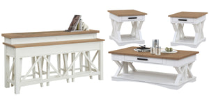 Destined to be the heart of any conversation area, the Americana Modern Cocktail Table is a must-have. Crafted in a soft Cotton white finish, it features a contrasting wood-grain top in Weathered Natural. A lower open area is perfect for storage and displ