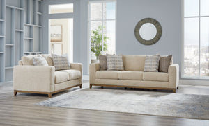 Serene style with a modern sensibility. Delight in the cozy, versatile embrace of this living room set. It takes an on-trend approach to irresistible texture and natural beauty, showcasing soft neutral upholstery accented with a transitional wood trim. As