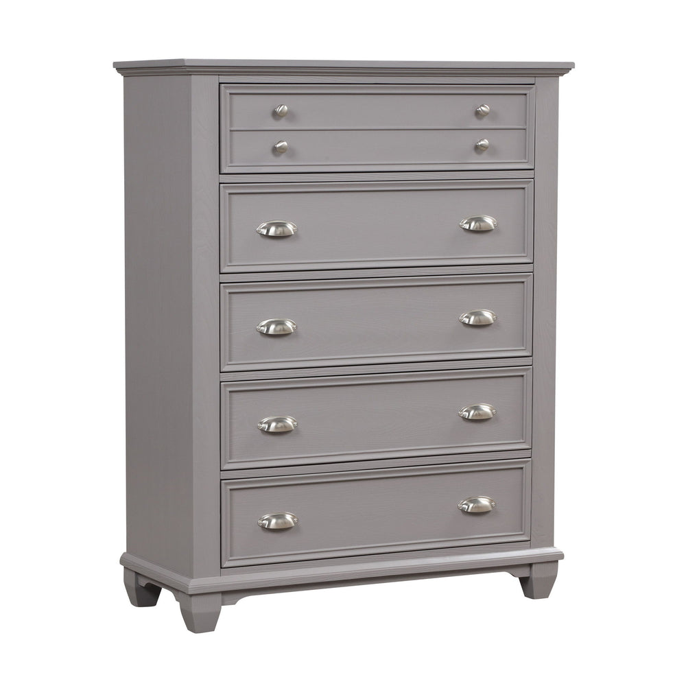 The Jamestown 5-Drawer Chest in Gray is a masterful blend of style, durability, and practicality, making it an essential addition to any bedroom. Expertly crafted from solid Acacia, premium manufactured woods, and authentic Oak veneers, this chest is buil
