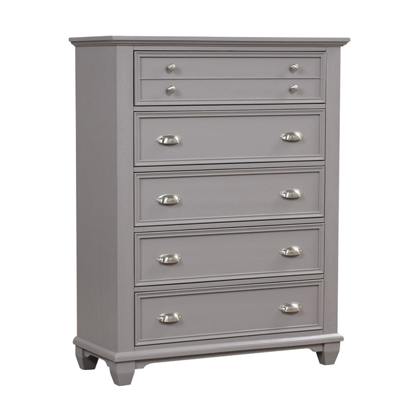 The Jamestown 5-Drawer Chest in Gray is a masterful blend of style, durability, and practicality, making it an essential addition to any bedroom. Expertly crafted from solid Acacia, premium manufactured woods, and authentic Oak veneers, this chest is buil