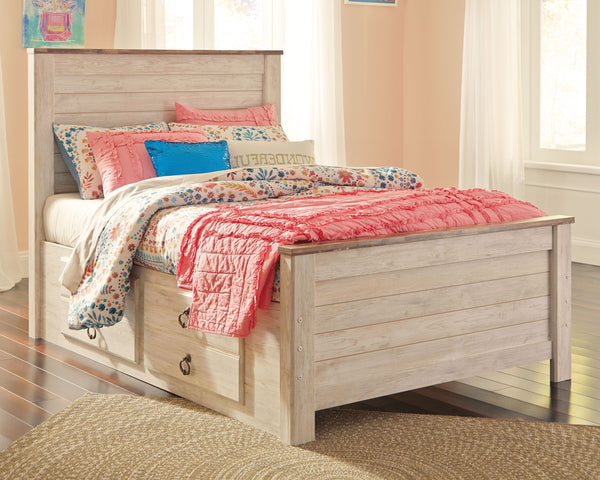 This full panel bed with storage is the ultimate statement piece for a coastal cottage or shabby chic inspired retreat. Whitewashed finish is wonderfully easy on the eyes. Faux plank tops on the headboard and footboard infuse a driftwoody look that has ou