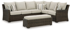 Relax. Refresh. Refine your outdoor oasis. This sectional and bench master high style with beautiful simplicity. High-performance fabric, warmly neutral hues and all-weather durability invite everyday use. From getting sun-kissed in the summer to chilling