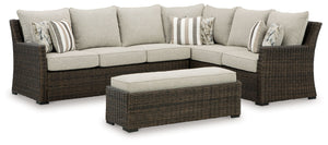 Relax. Refresh. Refine your outdoor oasis. This sectional and bench master high style with beautiful simplicity. High-performance fabric, warmly neutral hues and all-weather durability invite everyday use. From getting sun-kissed in the summer to chilling