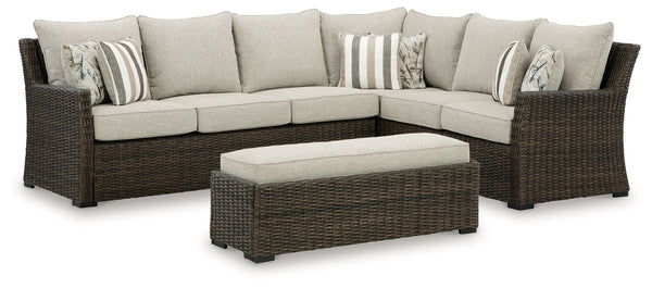 Relax. Refresh. Refine your outdoor oasis. This sectional and bench master high style with beautiful simplicity. High-performance fabric, warmly neutral hues and all-weather durability invite everyday use. From getting sun-kissed in the summer to chilling