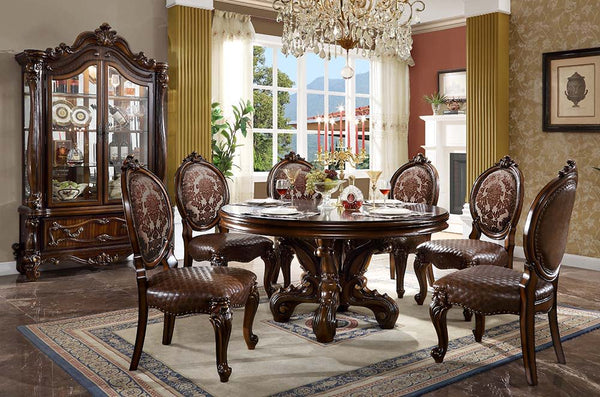 Irresistibly inviting, the Versailles collection displays the unrivaled beauty of the traditional dining. The dining table reflects highly decorative base with oversized scrolled feet, and the upholstered and tapestried chairs with deep button tufted and 