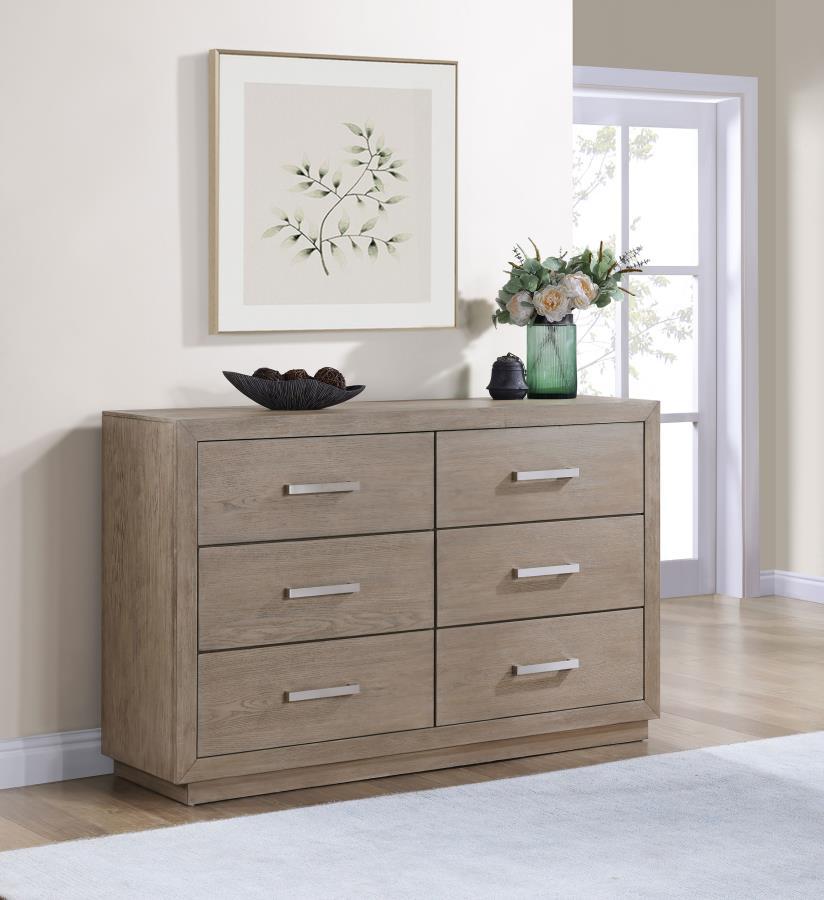 Enjoy the roomy storage and understated character of a modern six-drawer dresser. It-'s a fresh, understated design that showcases a wide top and recessed base that pair to deliver a timeless look. The dresser shows off wood grain details in a neutral bar
