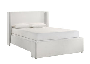  modern bed frame. Its streamlined silhouette and neutral tone create a serene bedroom environment