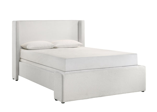 modern bed frame. Its streamlined silhouette and neutral tone create a serene bedroom environment