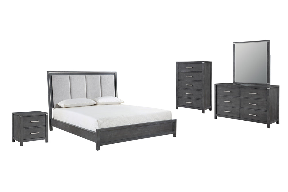 Experience the epitome of sophistication with the Odessa 5-Piece Bedroom Set. This comprehensive ensemble includes a beautifully illuminated bed, a six-drawer dresser, a mirror, a two-drawer nightstand, and a five-drawer chest, all in a captivating charco