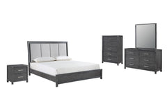 Experience the epitome of sophistication with the Odessa 5-Piece Bedroom Set. This comprehensive ensemble includes a beautifully illuminated bed, a six-drawer dresser, a mirror, a two-drawer nightstand, and a five-drawer chest, all in a captivating charco