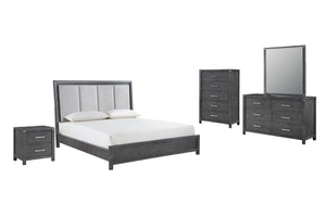 Experience the epitome of sophistication with the Odessa 5-Piece Bedroom Set. This comprehensive ensemble includes a beautifully illuminated bed, a six-drawer dresser, a mirror, a two-drawer nightstand, and a five-drawer chest, all in a captivating charco