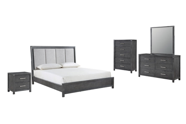 Experience the epitome of sophistication with the Odessa 5-Piece Bedroom Set. This comprehensive ensemble includes a beautifully illuminated bed, a six-drawer dresser, a mirror, a two-drawer nightstand, and a five-drawer chest, all in a captivating charco