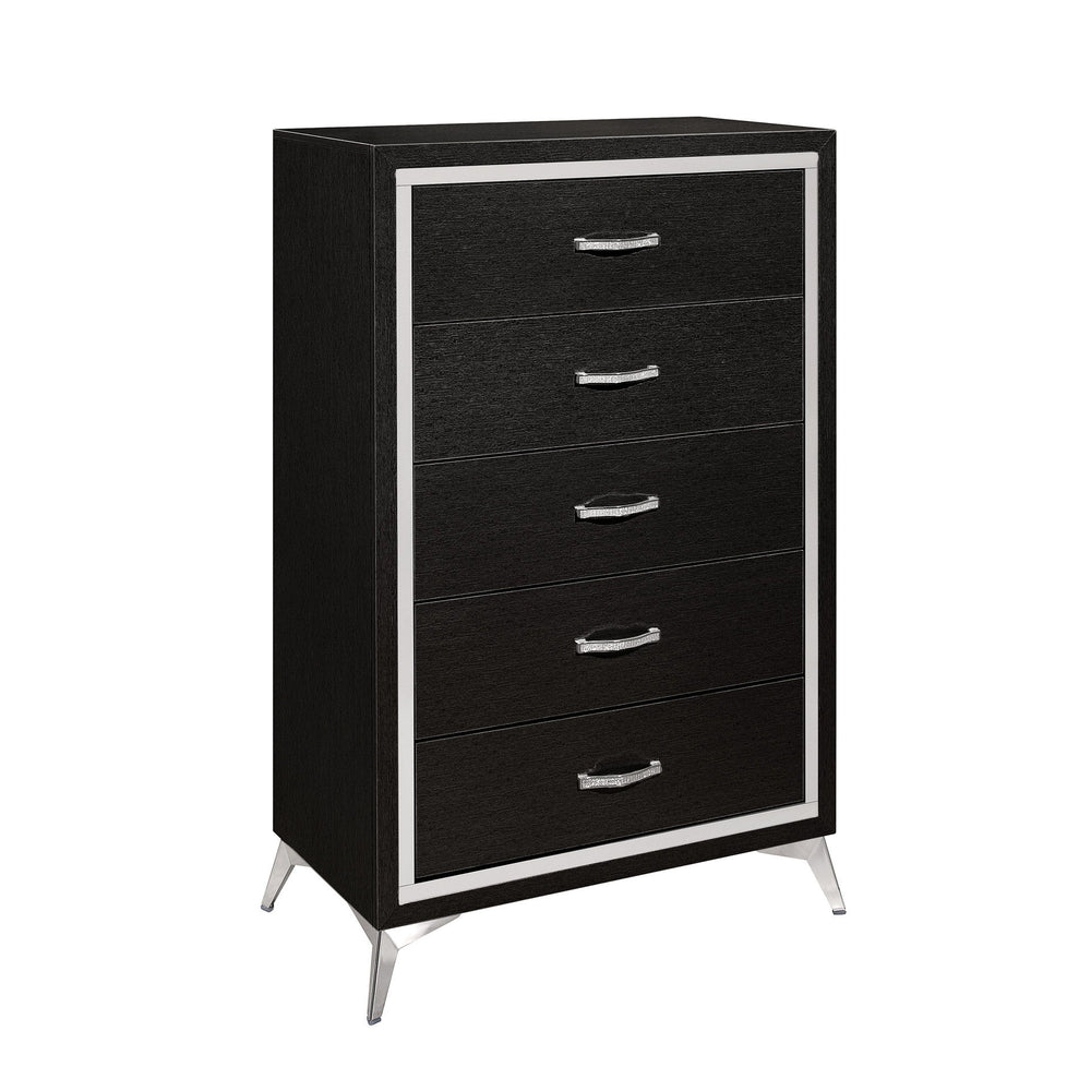 The Huxley 5-Drawer Chest in Black combines contemporary glam with durable construction for a stylish addition to your bedroom. This vertical dresser is crafted from manufactured woods and eco-friendly decorative laminate, ensuring it will stand the test 