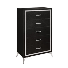 The Huxley 5-Drawer Chest in Black combines contemporary glam with durable construction for a stylish addition to your bedroom. This vertical dresser is crafted from manufactured woods and eco-friendly decorative laminate, ensuring it will stand the test 