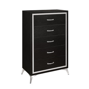 The Huxley 5-Drawer Chest in Black combines contemporary glam with durable construction for a stylish addition to your bedroom. This vertical dresser is crafted from manufactured woods and eco-friendly decorative laminate, ensuring it will stand the test 
