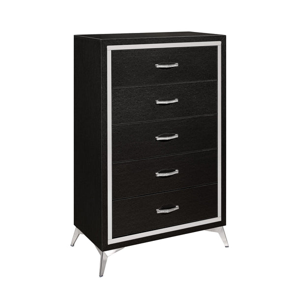The Huxley 5-Drawer Chest in Black combines contemporary glam with durable construction for a stylish addition to your bedroom. This vertical dresser is crafted from manufactured woods and eco-friendly decorative laminate, ensuring it will stand the test 