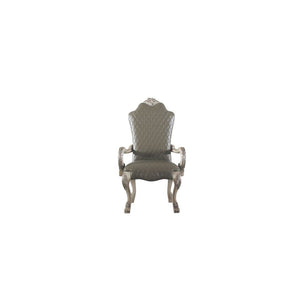 KD, Arm Chair (High Backrest) Stationary Seat: Standard Dining Height Padded SEAT & BACK: PU Padded Scalloped Apron Seat (Diamond Pattern & Welt Trim) Arched Backrest: Diamond Pattern Inside, Floral Crown & Nail-head Trim Armrest: Scrolled with Floral Mot