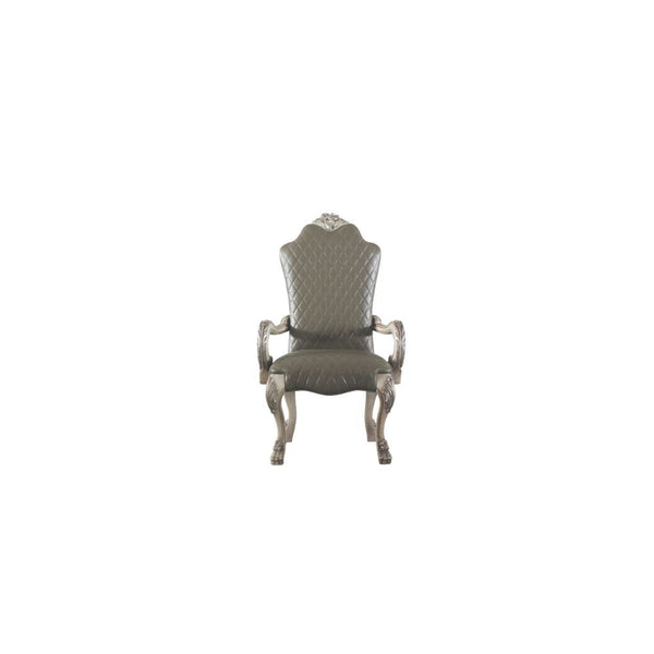KD, Arm Chair (High Backrest) Stationary Seat: Standard Dining Height Padded SEAT & BACK: PU Padded Scalloped Apron Seat (Diamond Pattern & Welt Trim) Arched Backrest: Diamond Pattern Inside, Floral Crown & Nail-head Trim Armrest: Scrolled with Floral Mot