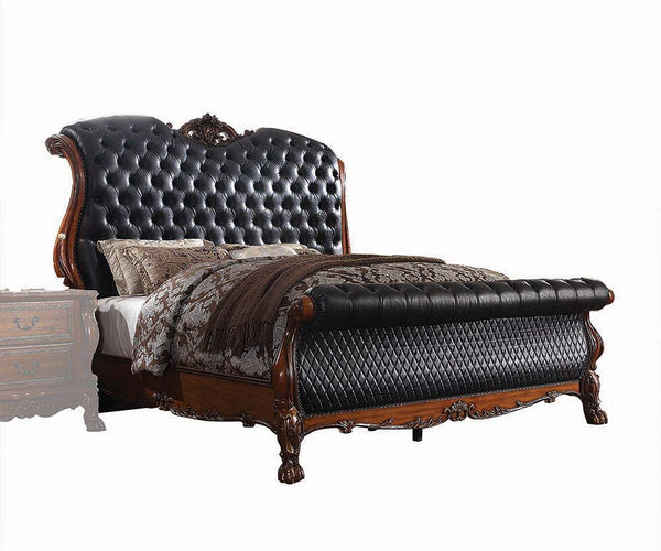The Dresden bedroom collection is exclusively designed and filled with a romantic spirit. A piece carefully crafted and inspired by the luxurious designs of the past. This gorgeous bed features a stunning rolled leatherette headboard and footboard with bu