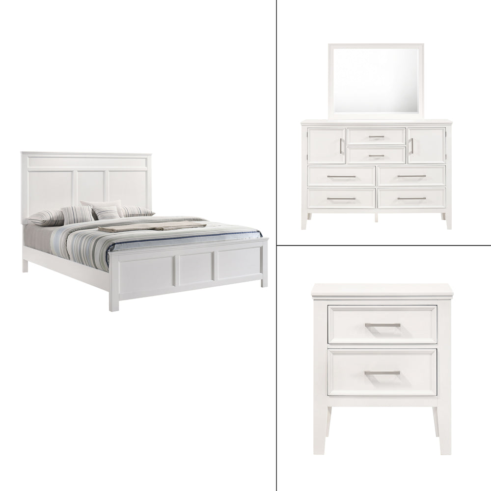 The Andover Wood 4-Piece Bedroom Set in White offers a perfect blend of durability, style, and functionality, making it an excellent choice for creating a cohesive and inviting bedroom space. This set includes a Panel Bed, Dresser, Mirror, and Nightstand,