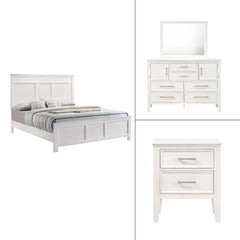 The Andover Wood 4-Piece Bedroom Set in White offers a perfect blend of durability, style, and functionality, making it an excellent choice for creating a cohesive and inviting bedroom space. This set includes a Panel Bed, Dresser, Mirror, and Nightstand,