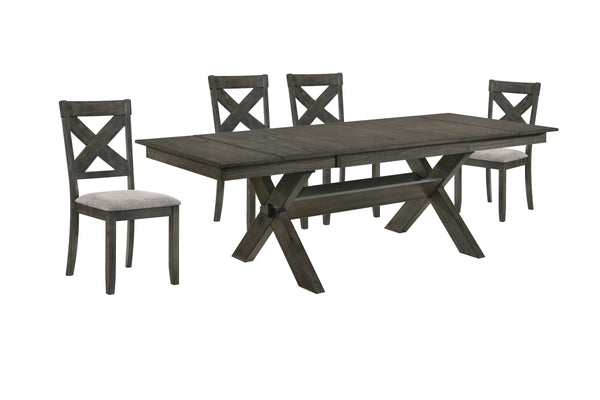 The Gulliver 5-Piece Wood Dining Set is a marvel of quality craftsmanship and timeless design. This set includes a trestle dining table and four X-back dining chairs, all constructed from solid rubberwood, manufactured woods, and acacia wood veneers for d