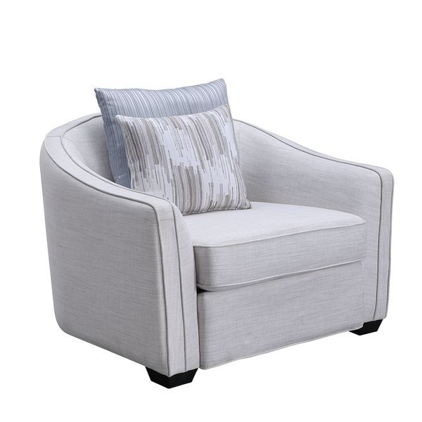 Create a clean, contemporary look with the gently curved Mahler II living room set. The inner wooden frame and block plastic legs offer maximum support. Upholstered in a beige textured-linen fabric. The barrel seat back makes for plush, modern depth that 