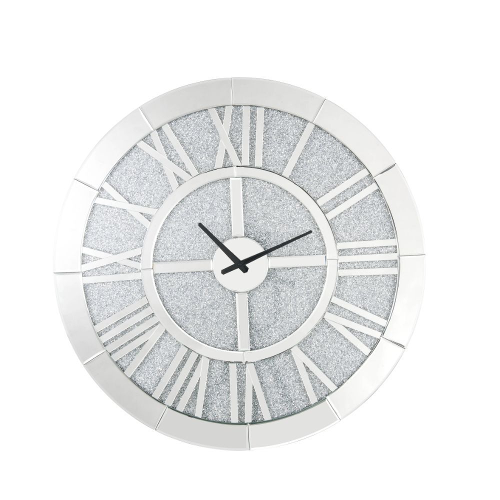 This Nowles round wall clock is covered in beveled mirrored panels that highlight its glamorous style. Featuring crushed acrylic faux diamonds that will naturally attract the eye. Durable engineered wood supports the frame. The clock face comes with a tim