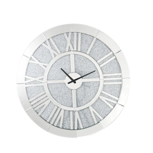 This Nowles round wall clock is covered in beveled mirrored panels that highlight its glamorous style. Featuring crushed acrylic faux diamonds that will naturally attract the eye. Durable engineered wood supports the frame. The clock face comes with a tim