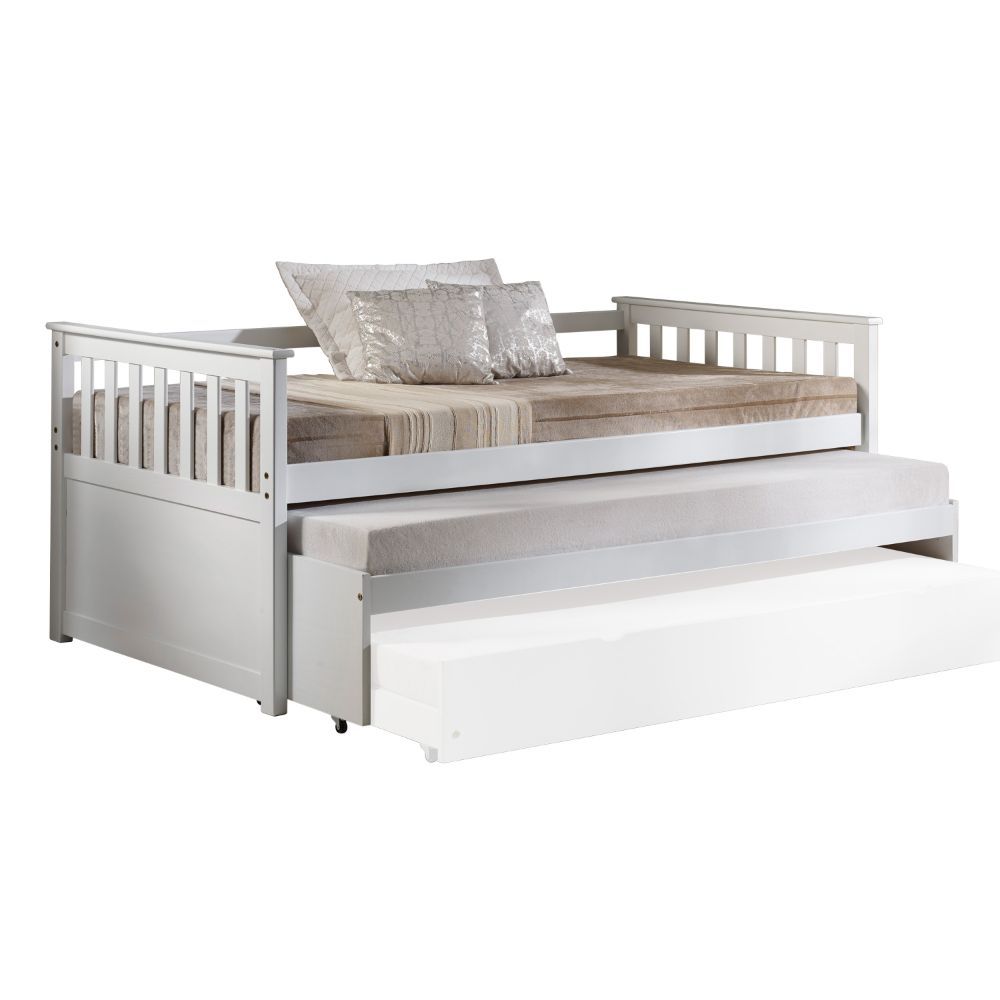 KD, Daybed & Roll-Out Bed (15-"H): Twin Size Features: Shelter Style, Mission Style Side Panels Box Spring Not Required: Slat System Included (12+12+12) Shelter Style Daybed Slatted Armrest: Mission Style Roll-Out Beds (Twin Size), Caster Wheels Construct
