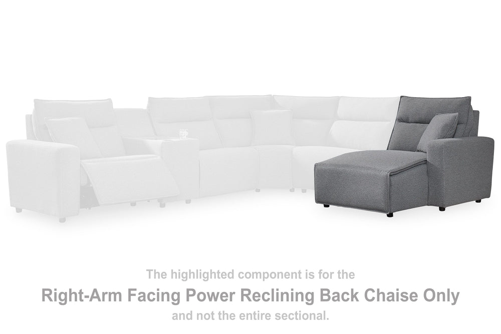 This right-arm facing power reclining back chaise is made with Next-Gen Nuvellaâ„¢ fade-resistant, washable fabric. Pairs with other items in the series to make a modular sectional.<br><br><b>Additional Dimensions</b><br><ul><li>Arm height: 26-"</li><li>S