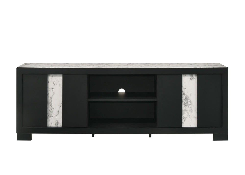 This sleek and modern entertainment unit is the epitome of contemporary elegance and functional design. Boasting a bold black finish with striking marble-like accents, this piece serves as a captivating centerpiece for any living space. Its generous surfa