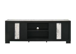 This sleek and modern entertainment unit is the epitome of contemporary elegance and functional design. Boasting a bold black finish with striking marble-like accents, this piece serves as a captivating centerpiece for any living space. Its generous surfa
