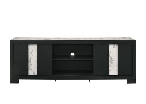 This sleek and modern entertainment unit is the epitome of contemporary elegance and functional design. Boasting a bold black finish with striking marble-like accents, this piece serves as a captivating centerpiece for any living space. Its generous surfa