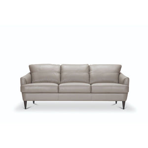 The Helena sofa set is one you-'ll want to spend lots of time in. Designed with contemporary fashion, this beautiful moss green or pearl gray leather sofa features a T-shape cushion with contrast tone stitching and unique tapered wood legs. Its deep, comf