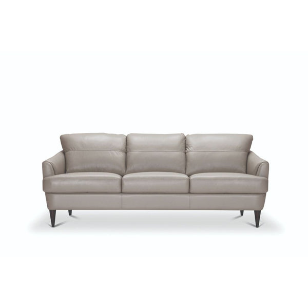 The Helena sofa set is one you-'ll want to spend lots of time in. Designed with contemporary fashion, this beautiful moss green or pearl gray leather sofa features a T-shape cushion with contrast tone stitching and unique tapered wood legs. Its deep, comf