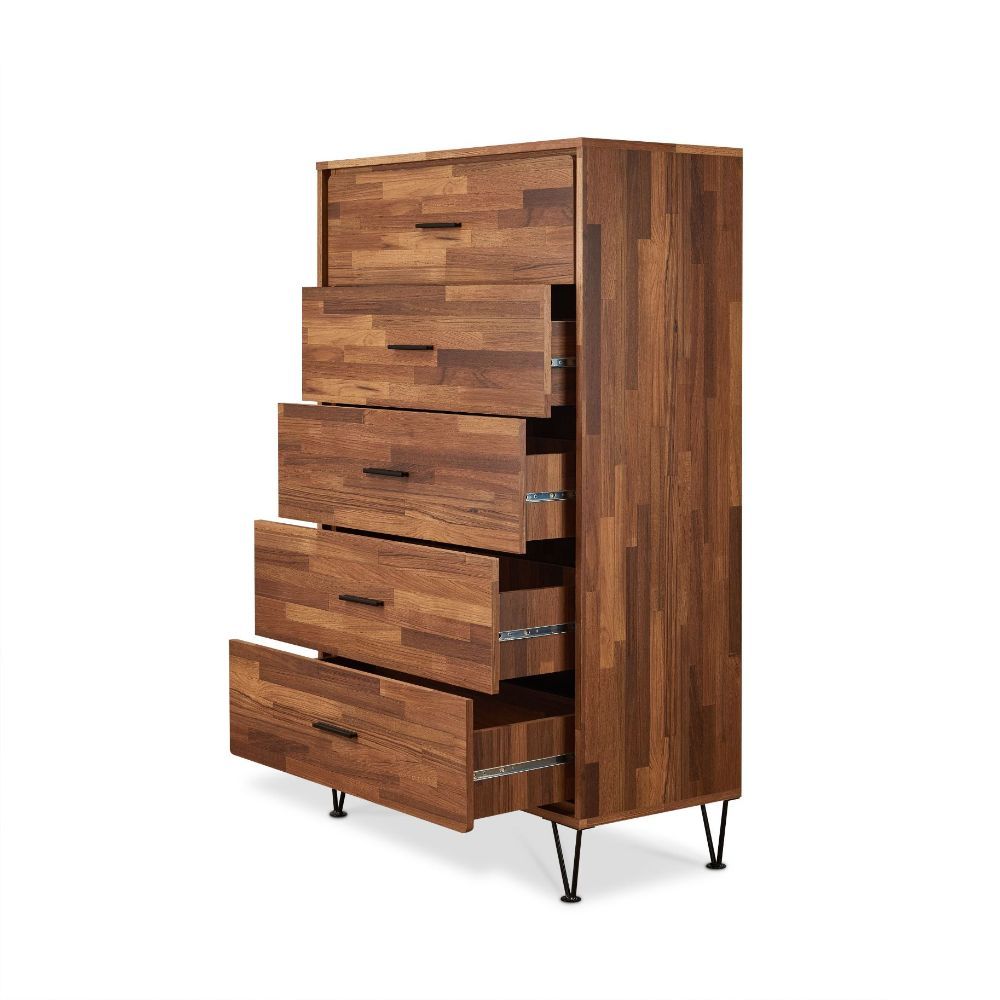 This beautiful Deoss chest of drawers boasts of contemporary style, five drawers with metal drawer handles. Crafted with multi shades of wood, the raw wood texture enhances this dresser-'s sleek style and the drawers provide plenty of storage space for cl